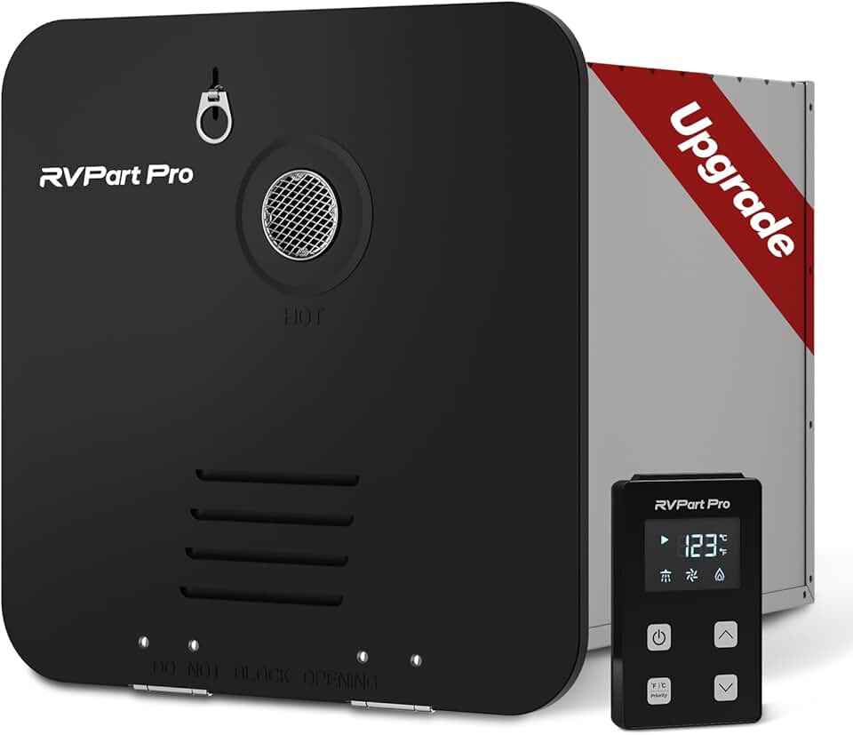 RV Tankless Water Heater Propane - RV Instant Water Heater with 15 x 15 inches Black Door and Remote Controller Included - Endless Hot Water for RV - DC 12V Power
