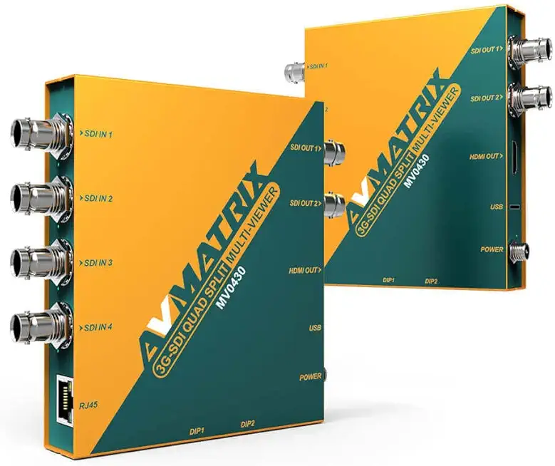 AVMATRIX MV0430 3G-SDI quad split multiviewer, 1080P SDI input, SDI/HDMI outputs, Dip Switches, Threaded locking power connector, Detachable Bracket Design