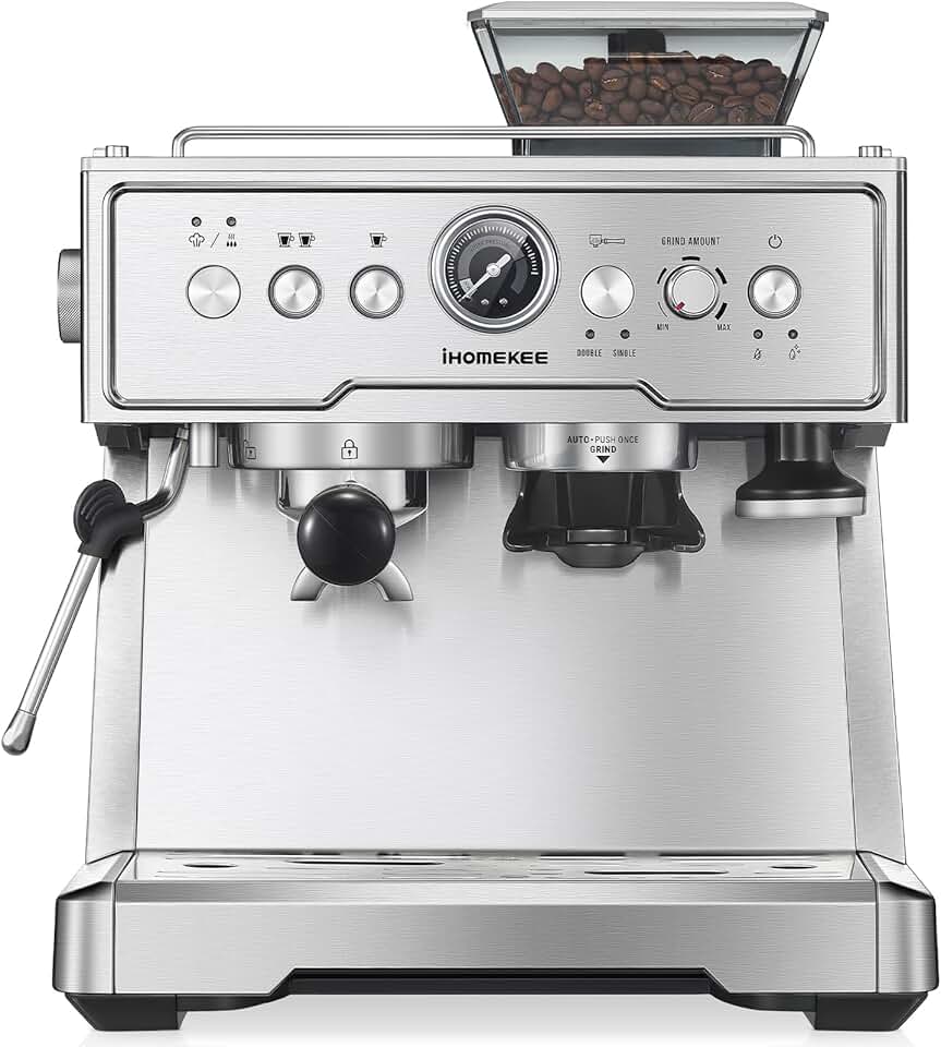 Espresso Coffee Maker With Grinder, 20 Bar Semi-Automatic Espresso Machine With Milk Frother Steam Wand, Professional Cappuccino Latte Machine For Home, Office, Brushed Stainless Steel