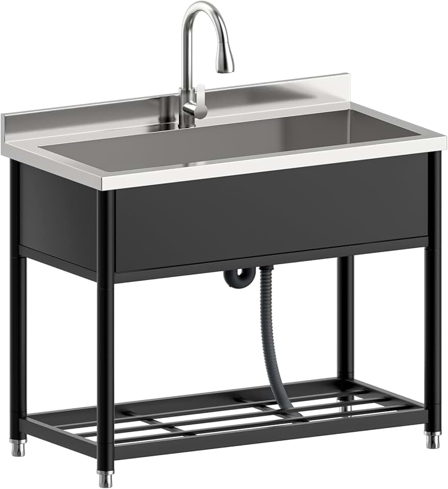Stainless Steel Large Utility Sink Single Bowl, Freestanding Laundry Sink with Pull-Out Faucet, Utility Sink for Laundry Room, Garage, Kitchen, Shop, Indoor Use, Black Frame, 22.4