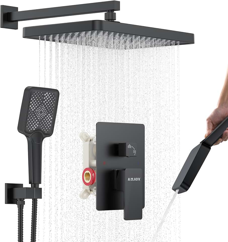 Matte Black 13-Inch Rainfall Shower System - Premium Shower Head & Handheld Sprayer, Complete Bathroom Set with Faucet Mixer Trim Kit & Valve