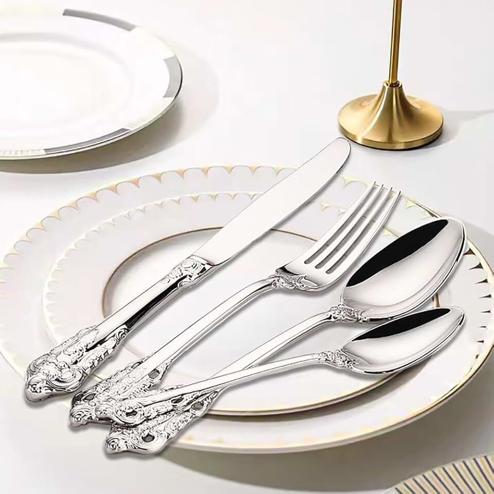 Retro Royal 18/10 Silverware Silver Flatware Set for 12 Stainless Stainless Forks Spoons Knives 48 Pieces Gorgeous Kitchen Utensils Restaurant Home Festival Parties Durable Mirror Dinnerware set