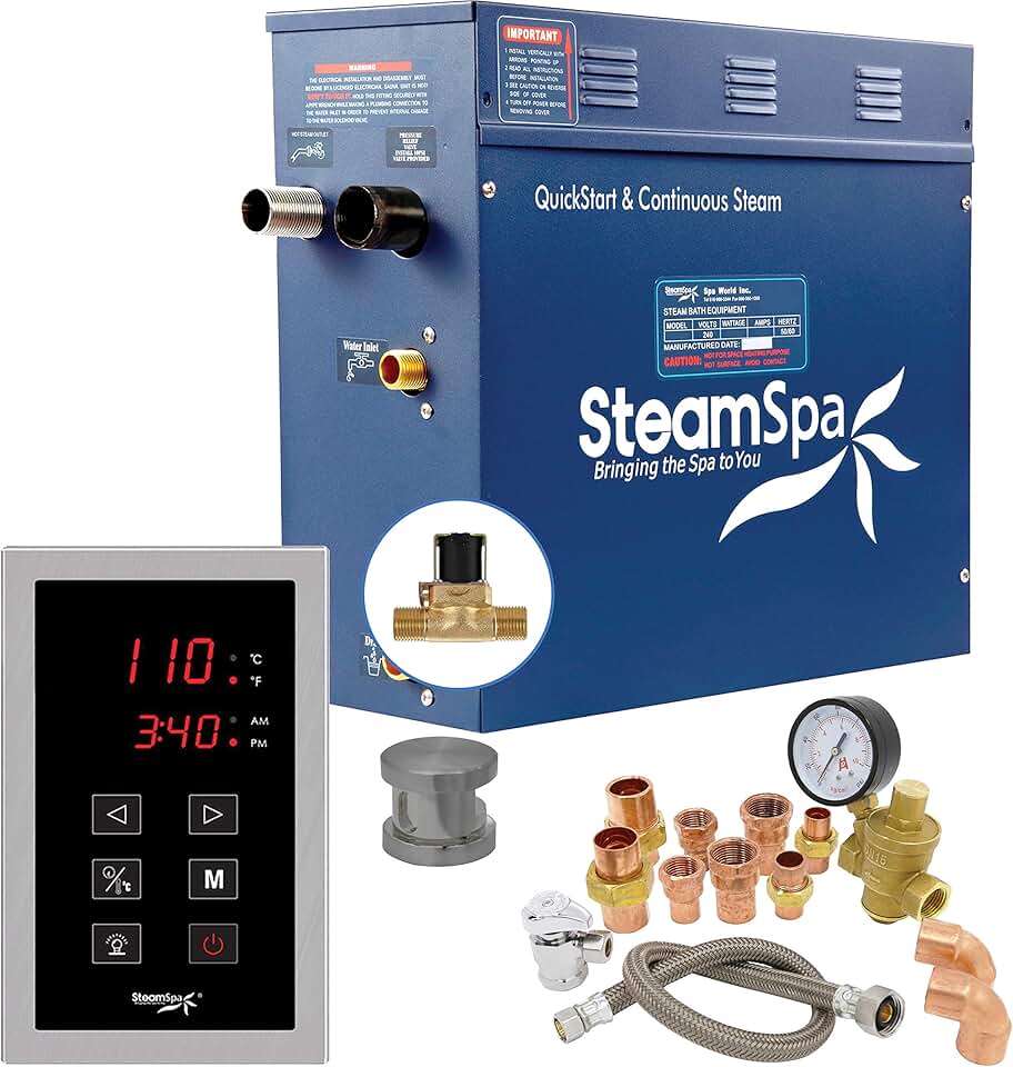 SteamSpa 9kW Steam Sauna Generator Premium Bundle 240V Steam Generator with Touch Pad Control, Steamheads, Pressure Relief Valve, Built-in Auto Drain and Plumber Quick Install Kit PRT900BN-A