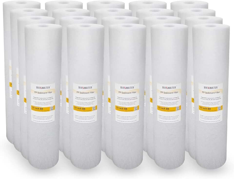 Max Water 20 inch x 4.5 inch, 5 Micron Replacement Sediment Water Filter Cartridge for Whole House, Melt Blown Filtration Fiber for Heavy Duty (Pack of 20)