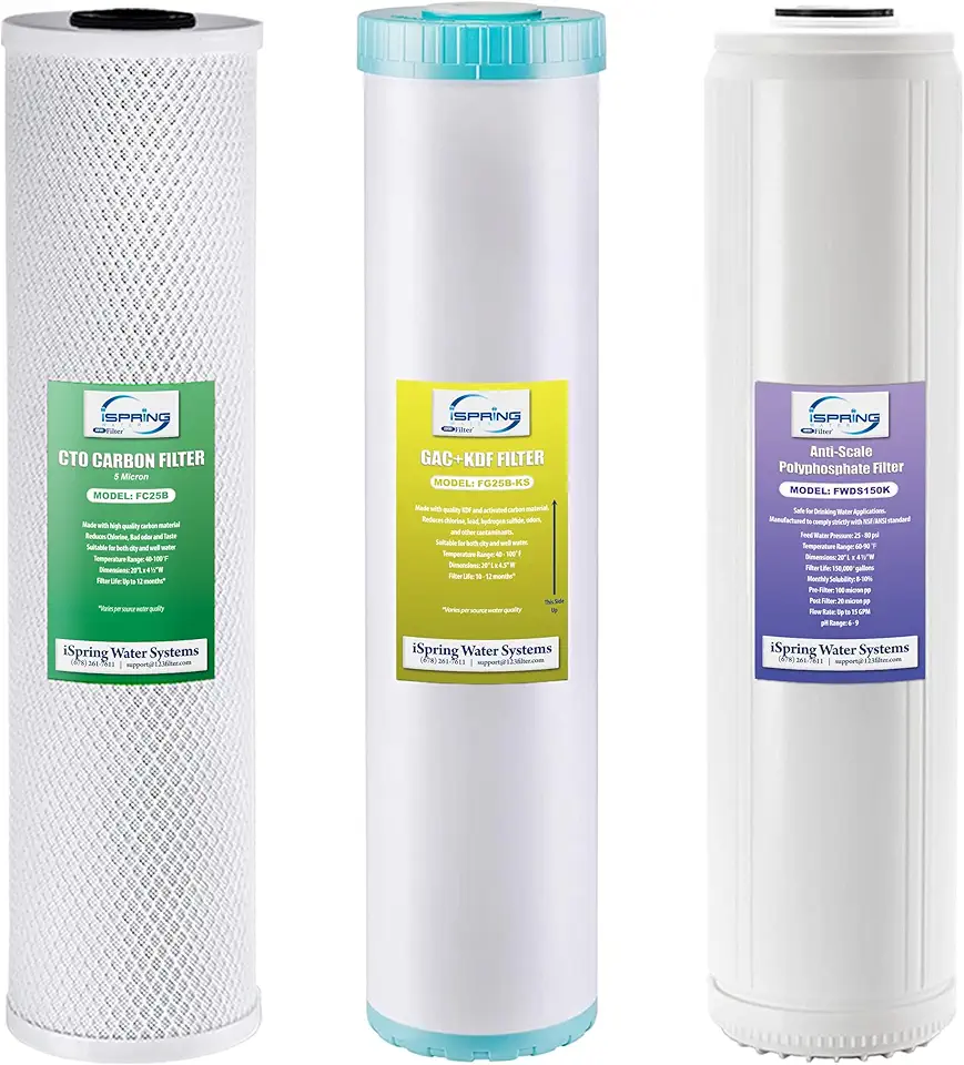 iSpring F3WGB32BKDS 4.5” x 20” 3-Stage Whole House Water Filter Replacement Pack with Polyphosphate Anti-Scale, GAC+KDF, and CTO Carbon Block Water Filters, Fits WGB32B-KDS