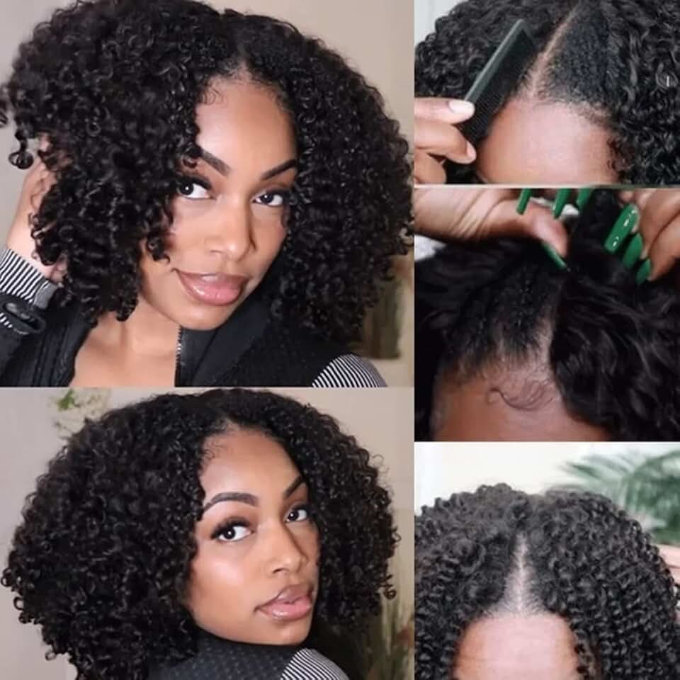 Nadula 12A Afro Kinky Curly V Part Wig with Small Lace Human Hair Brazilian Virgin V Part Wigs For Women Upgrade U Part Wig Kinky Curly Glueless Half Wig No Leave Out 180% Density Natural Color 24inch