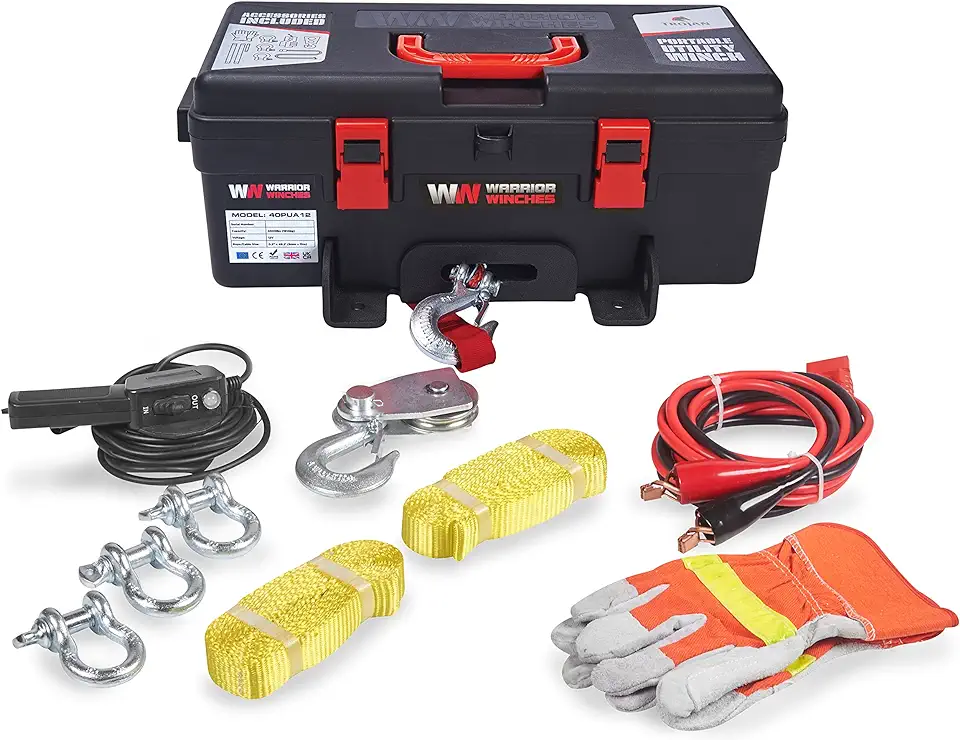 Trojan Portable 12v Electric Winch 4,000lbs - ATV/UTV winch with synthetic rope, Easy to carry, No installation – Ideal for Truck, Off-Roading, Utility Tasks, Trailer winch