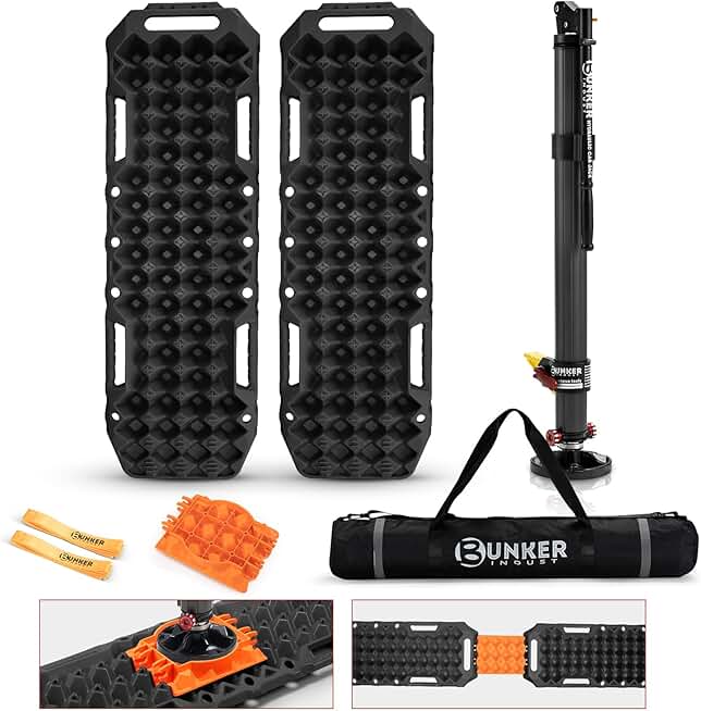 BUNKER INDUST Pair Traction Boards with Jack Lift Base Black + Hydraulic Lift Jack
