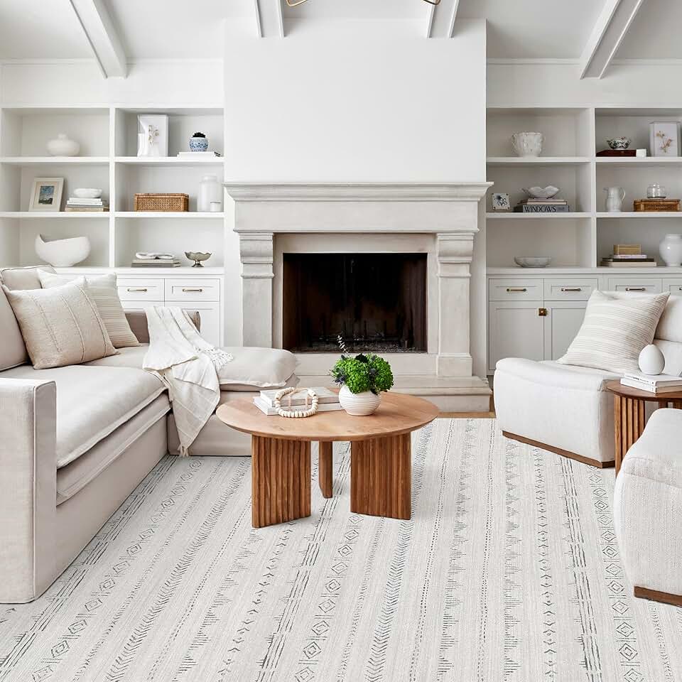 Deerly Large Area Rug, Washable 9x12 Area Rug, Boho Rug for Living Room, Moroccan Rug Farmhouse Washable Rug with Non-Slip Backing, Neutral Morden Indoor Carpet for Bedroom Dining Room, Light Grey