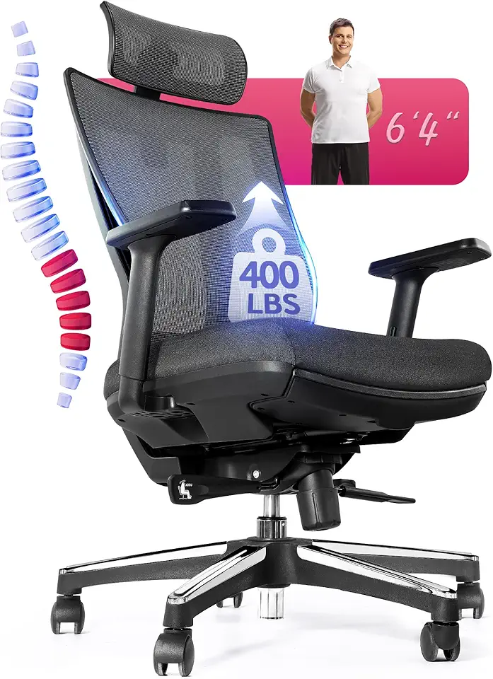Ergonomic Office Chair for Back Pain Relief and Long Sitting, 400LB Capacity, Big & Tall Home Desk Chair with 17.8in Max Seat Depth, Adjustable Armrests, Footrest, and Headrest