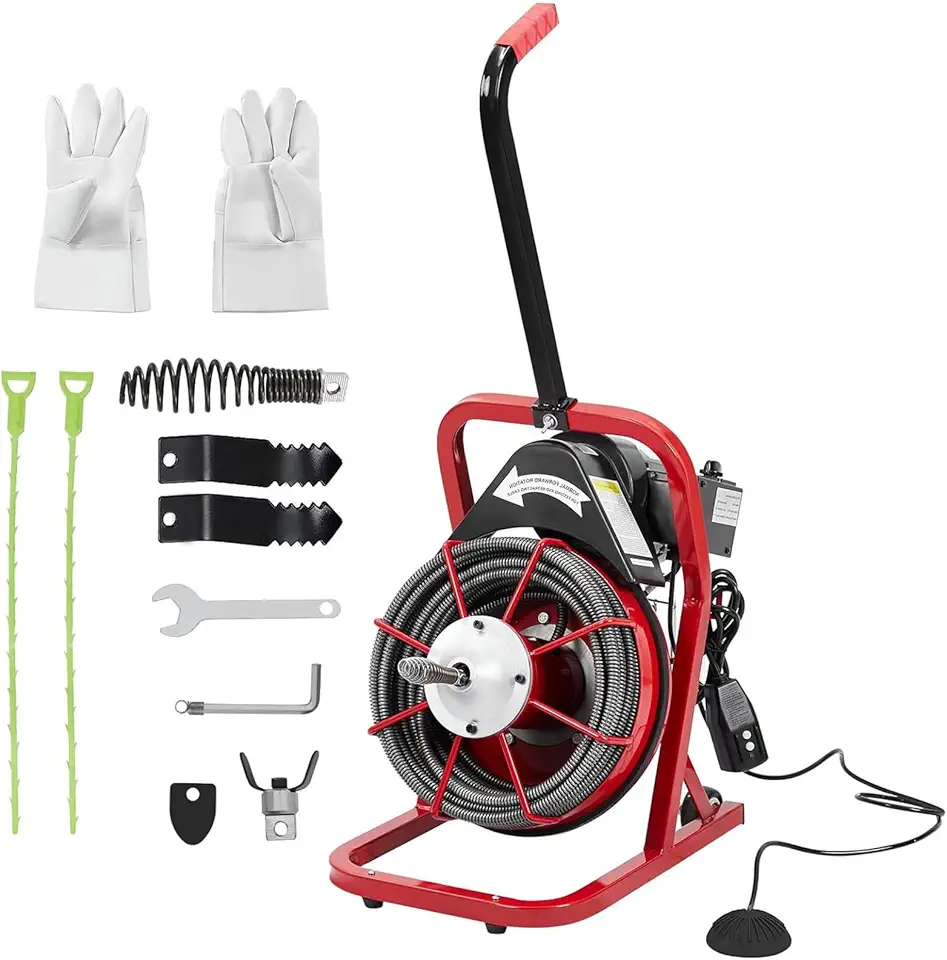 Drain Cleaner Machine, 50Ft X 3/8 Inch Drain Cleaning Machine for 1 to 4 Inch Pipes, Auto Feed, Sewer Snake Electric Drain Auger Cleaner with Foot Switch, Protective Gloves, 4 Cutter Blades