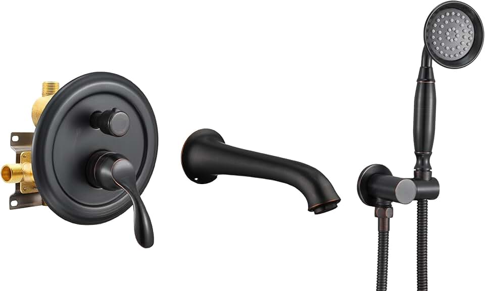 DASAN Antique Wall Mount Tub Filler Faucet with Hand Held Shower, Oil Rubbed Bronze Bathtub Faucet with Sprayer Wall Mounted Roman Bath Tub Faucet Set with High Flow Rough in Valve, AT201TF-ORB