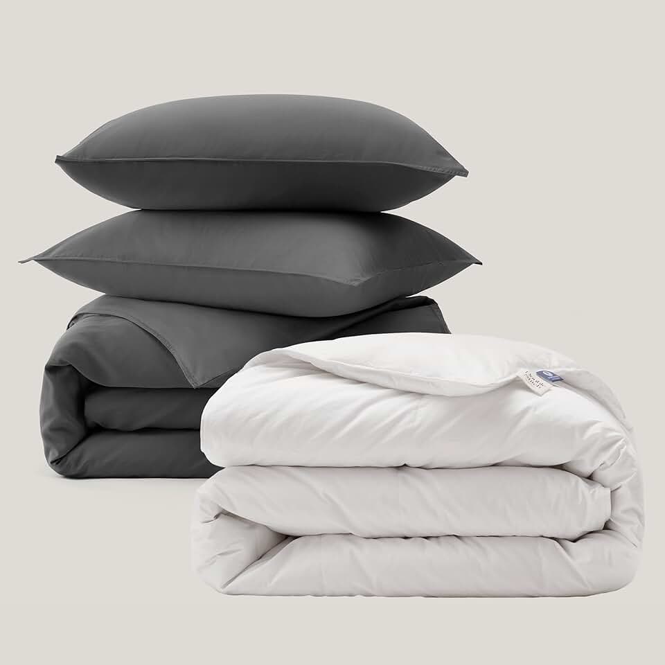 Double Stitch Cotton Tencel Duvet Cover Set and White Down Duvet Insert, Queen, 1 Duvet Cover, 90