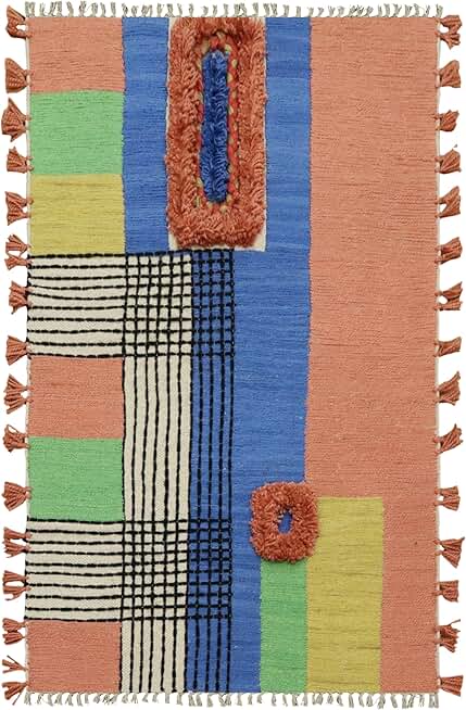 Kilim Rug 5x8 Area Rugs for Boho Rug Indoor Outdoor Rug Blue Multi Cotton Rug Embroidery Washable Dhurrie Flatweave Rugs for Bedroom Rug Bathroom Kitchen Laundry Room