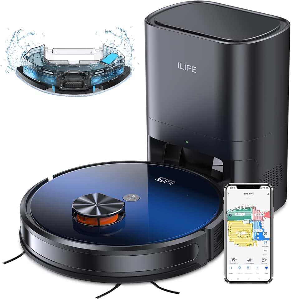 ILIFE Robot Vacuum and Mop Combo, Self Emptying for 60 Days of Cleaning, 3000Pa Suction and Lidar Navigation, Smart Mapping, Wi-Fi/App/Alexa Control, for Pet Hair Carpet Hard Floor, T10s