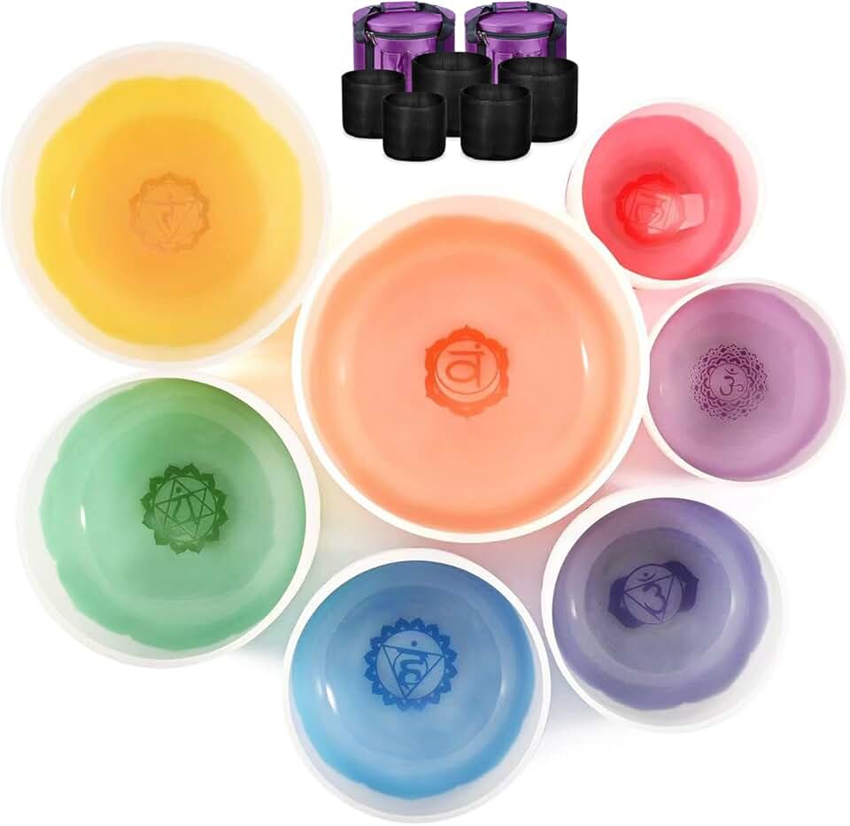 6-12 inch 432HZ Lotus Chakra Crystal Singing Bowls Set of 7 Meditation Bowl Frosted Healing Quartz Sound Singing Bowls with 2 Travel Carry Case Bag 2 Mallet Suede 2 Strikers 7 O-rings