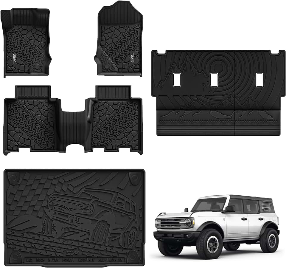 3W Ford Bronco Floor Mats & Cargo Liner & Back Seat Cover Custom Fit for 2021 2022 2023 2024 Bronco 4 Door All Weather Custom Fit Full Set Ford Bronco Accessories (Not for Sport & Rubberized Floor)