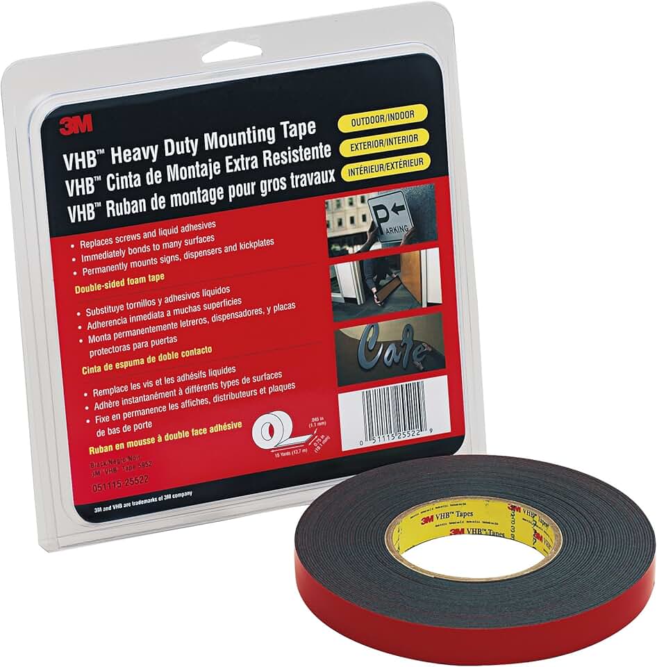 3M VHB Tape 5952 Double-Sided Acrylic Foam Tape - Heavy Duty, Industrial Mounting Tape - 1/2 inch width x 36 yards length, 45 mil thick, 4 rolls/case - Black