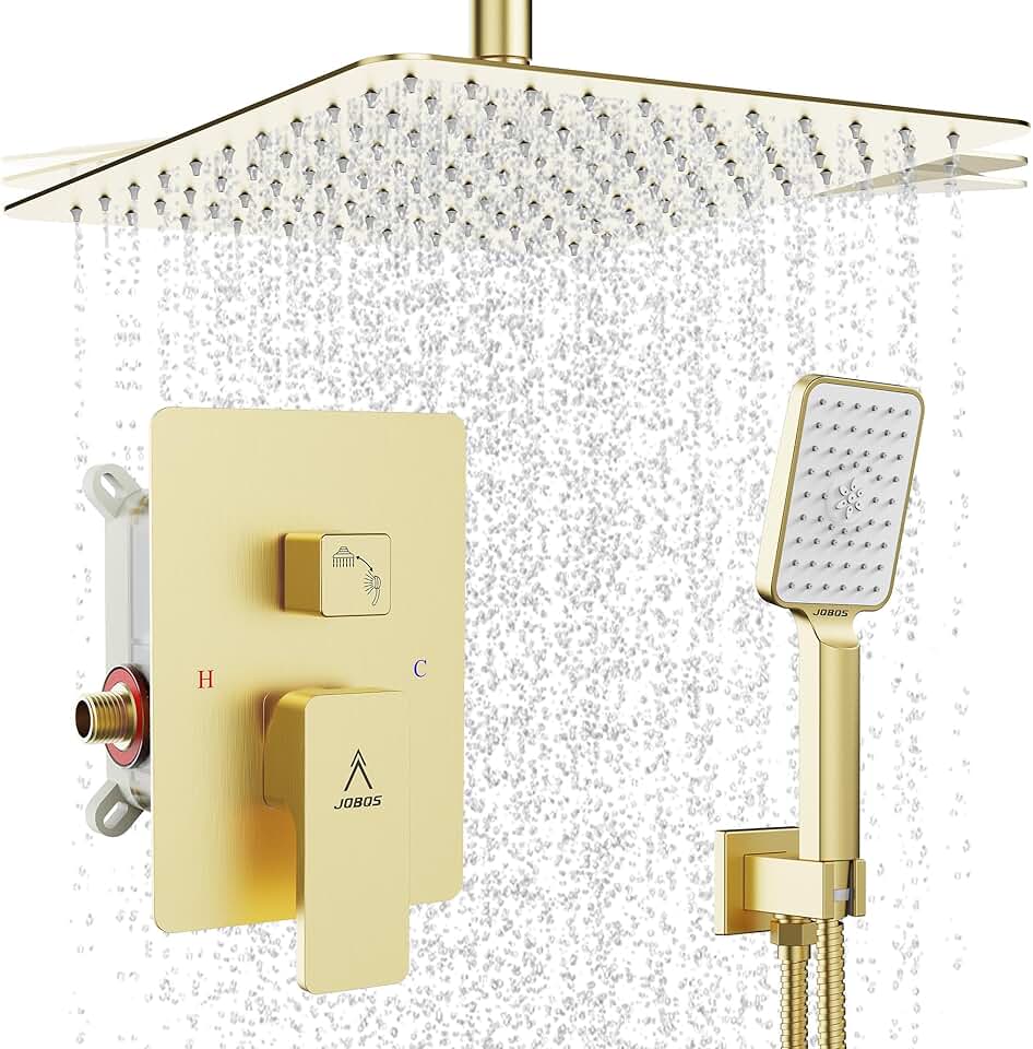 Shower System Modern Rain 12 inches Brass Faucet Set With Valve and Diverter Shower Mixer With Handheld High Pressure Square Rainfall Shower Rough-in Valve (12‘’ Ceiling Mount, Brushed Gold)
