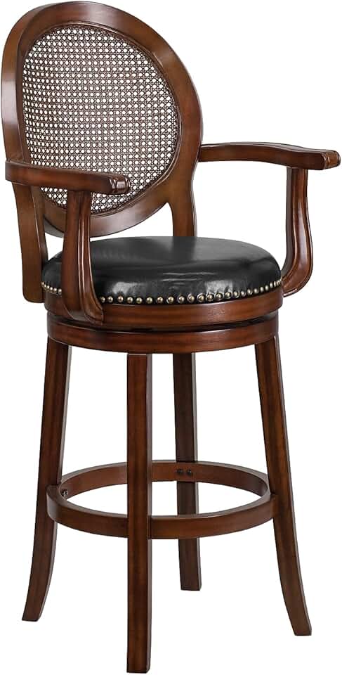 Flash Furniture Victor 30'' High Expresso Wood Barstool with Arms, Woven Rattan Back and Black LeatherSoft Swivel Seat
