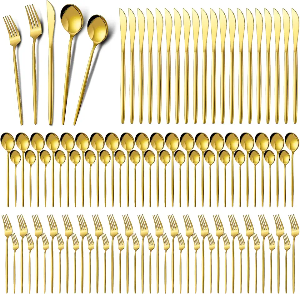 Amyhill 400 Pcs Gold Silverware Set Stainless Steel Flatware Set Portable Gold Utensils Set Reusable Tableware Cutlery Set for Home Restaurant Apartment and Kitchen Service 80