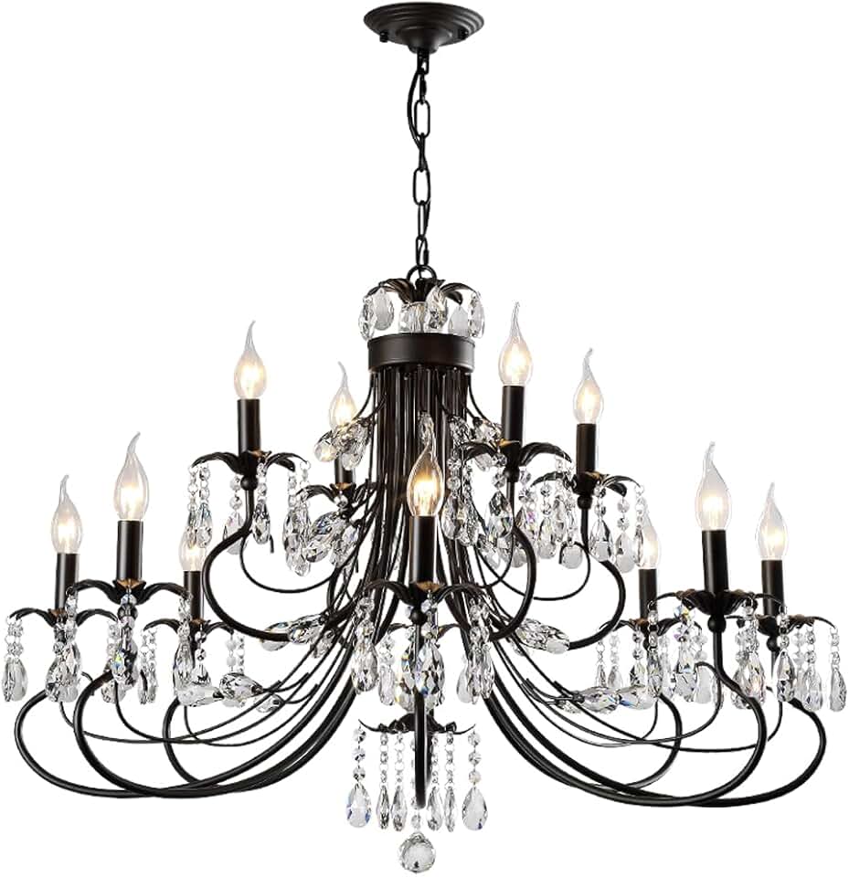12-Lights American Crystal Chandelier Living Room Lights ，Candle Dining Room Lights Chandelier，Ceiling Hanging Vintage Rustic Light Fixture for Dining Room Living Room Foyer Porch Kitchen Is