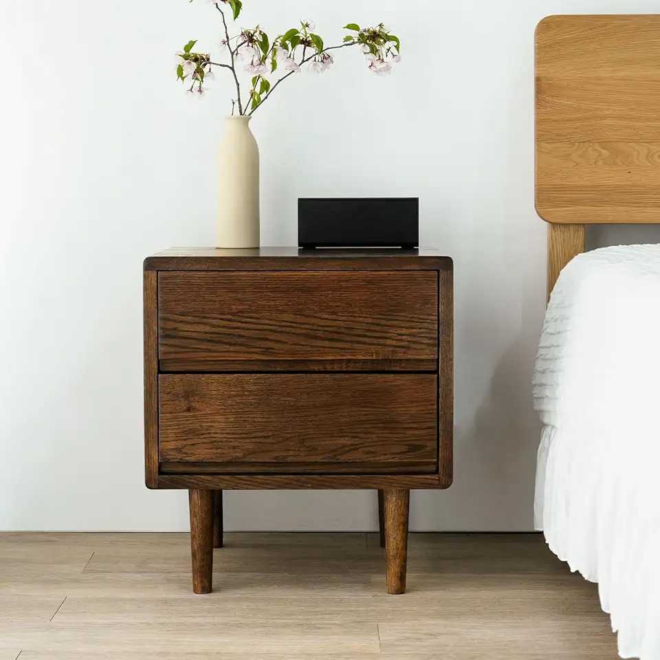 Night Stand, Mid Century Modern Nightstand w/2 Drawers, Boho Nightstand, Small Nightstand, Oak Bedroom Nightstand, Solid Wood Bedside Table, 17.72 W x 15.75 D x 19.69 H Inches(Walnut)