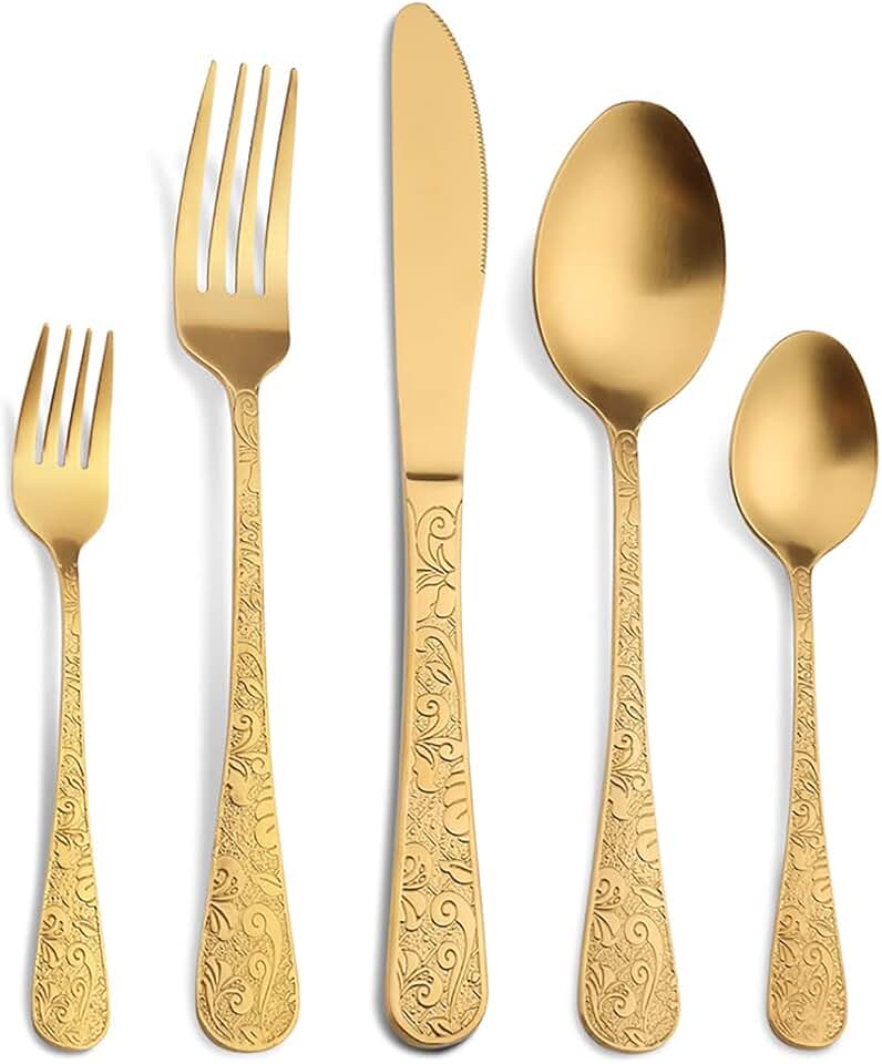 Gold Silverware Set for 12 With Vintage Carved Handle,60-Piece Stainless Steel Flatware Set Knifes Forks Spoons,Dinnerware Tableware Cutlery Utensil Set for Home Kitchen Wedding Party Christmas