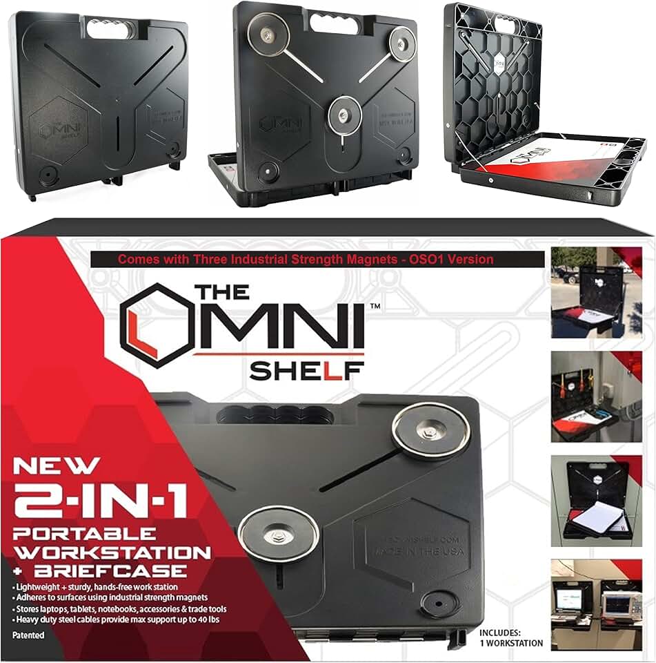 The OmniShelf Magnetic Portable Workstation + Toolbox, Computer & Laptop Stand, Multimeter Case, Utility Shelf w/ 40 lb Capacity, Hands Free Workstation Attaches to HVAC, Trucks & More (5 Count)