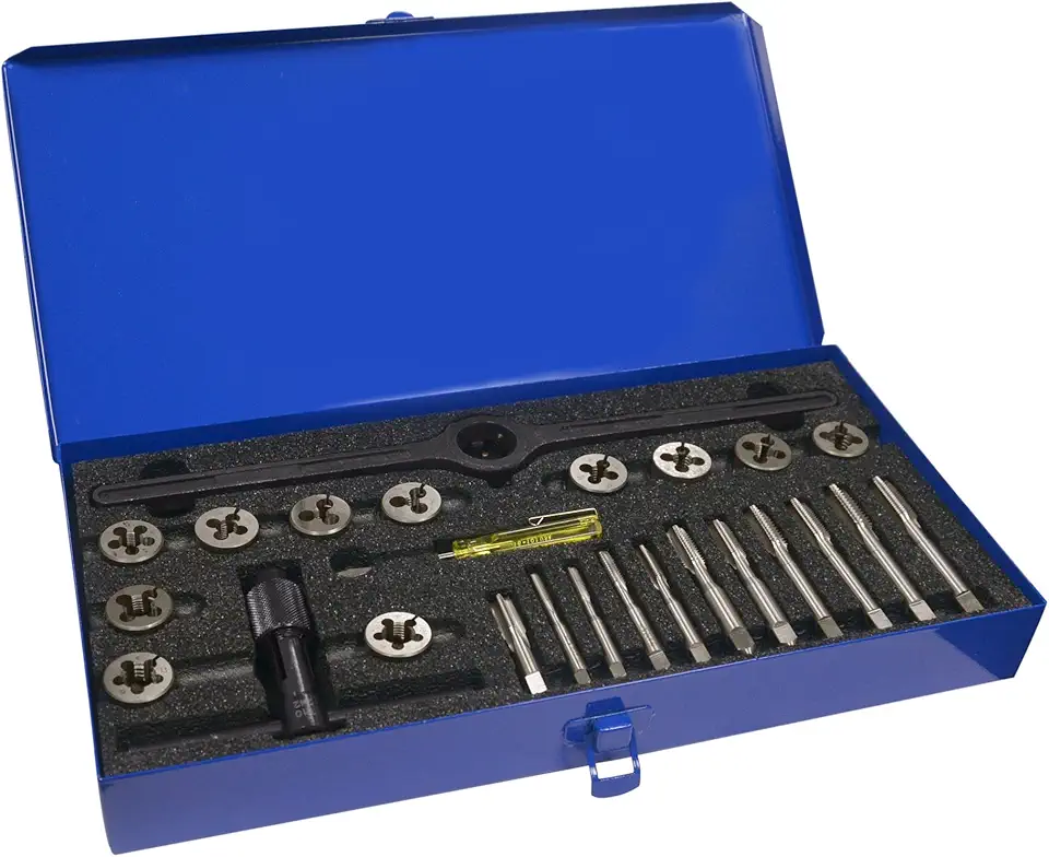 Greenfield Threading 423004 Plug Tap and Adjustable Round Die Set, 28, HSS/Carbon, Uncoated (Bright) Coating, Right Cut, 25-Piece