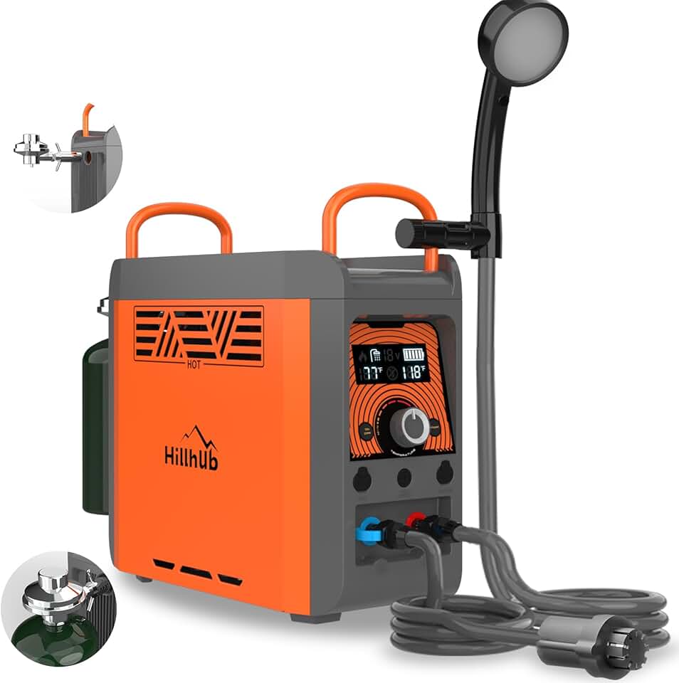 Portable Propane Water Heater Camping Water Heater with Overheating Protection,Built-in battery for Showering&Cleaning, Outdoor Use Only Instant Hot Water Heater Water Pump&Showerhead