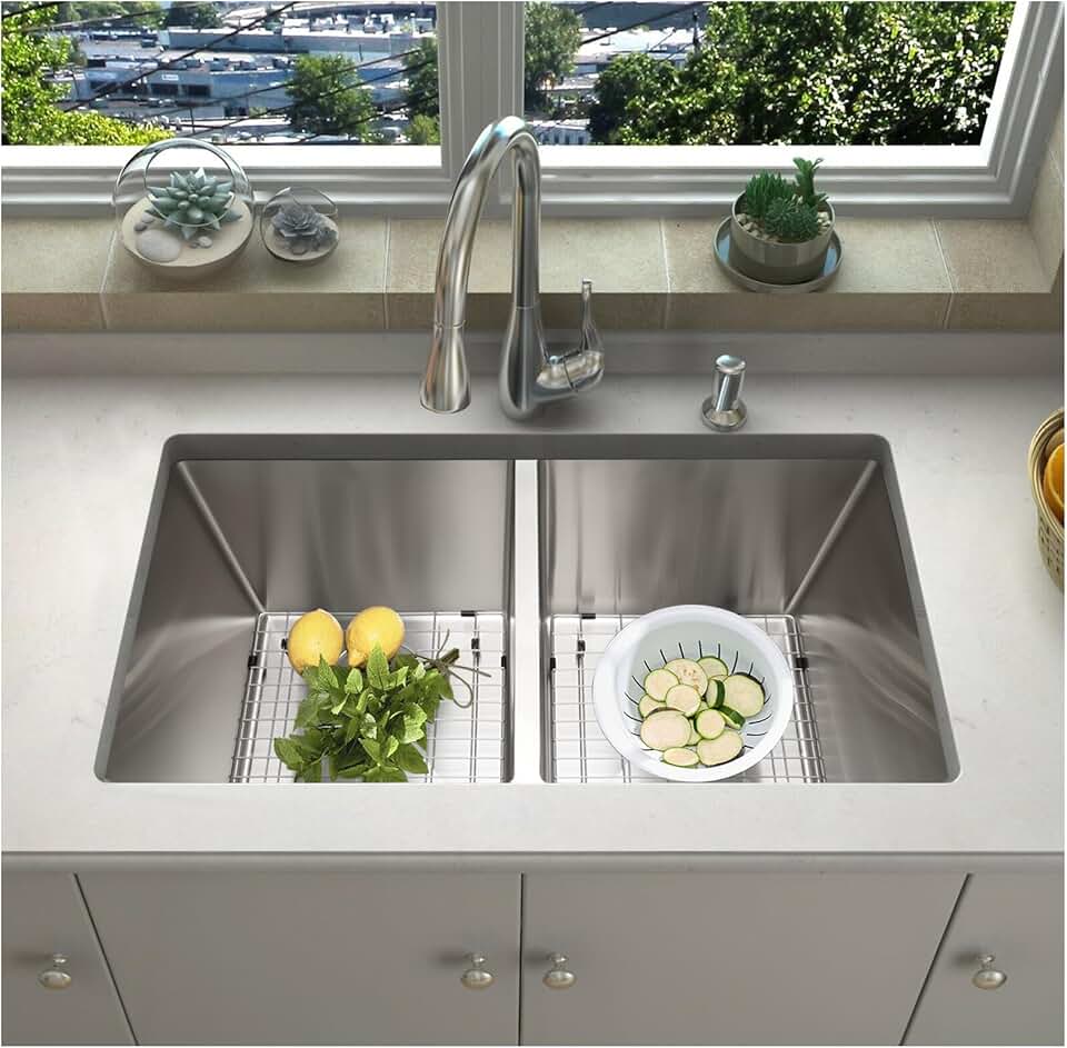 33 Inch Double Bowl Kitchen Sinks with Quick Drain Slope - 11 Gauge (3mm) 304 Stainless Steel 50/50 Double kitchen Sink with Accessories - Prep Kitchen, Bar Sink- 33