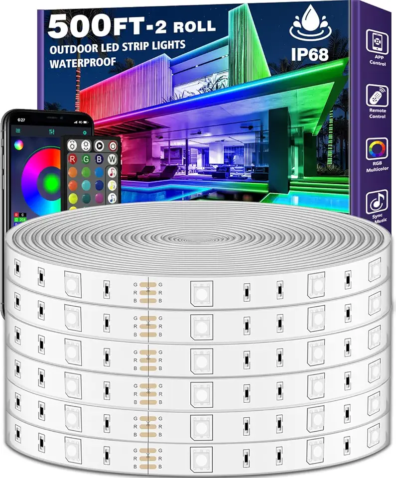 500ft Outdoor LED Strip Lights Waterproof,IP68 Outside Led Light Strips Waterproof with App and Remote,Music Sync RGB Exterior Led Rope Lights with Self Adhesive Back for Roof,Deck,Balcony