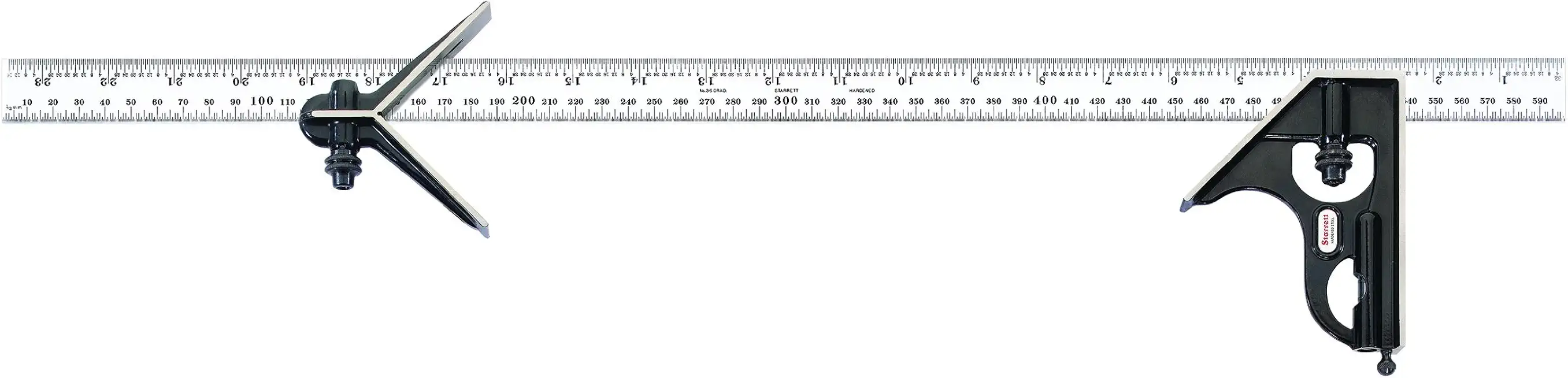 Starrett C33MEHC-600 Forged, Hardened Steel Square And Center Heads With Satin Chrome Blade Combination Square, Smooth Black Enamel Finish, 600mm Size