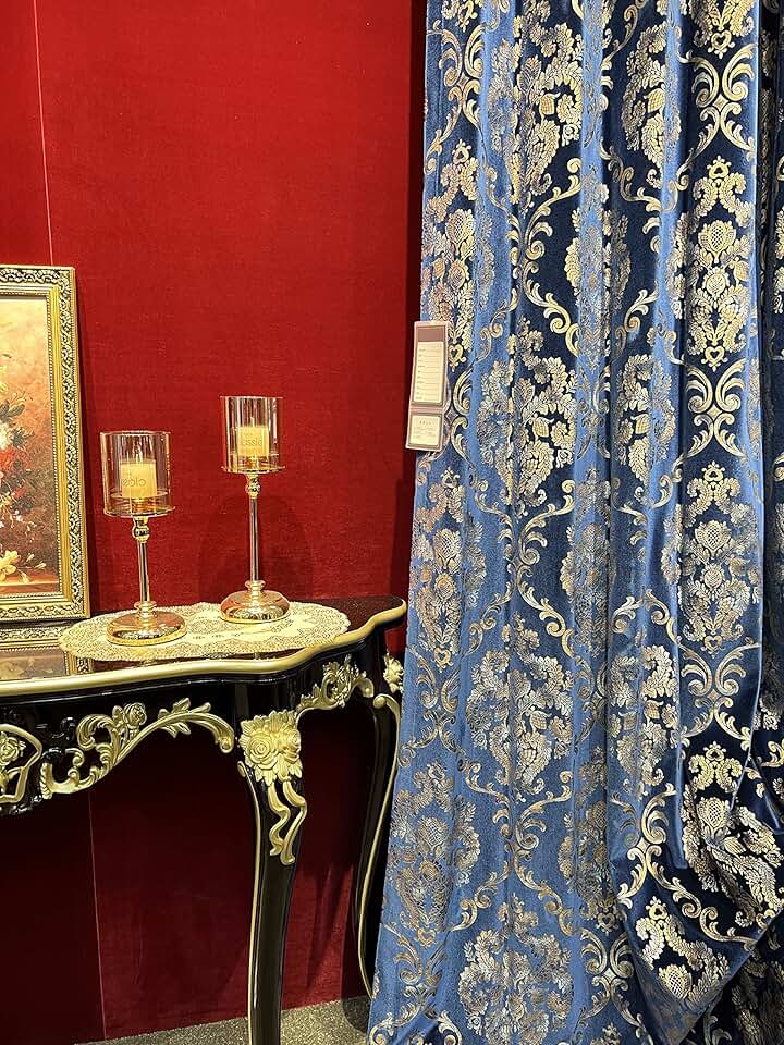 Gold Curtains 63 inch for Living Room Velvet Blackout Window Drapes Treatment Room Darkening Hot Stamping Floral Patterned Curtains for Bedroom 1 Panel ,Gold on Blue (Pinch Pleated, 72