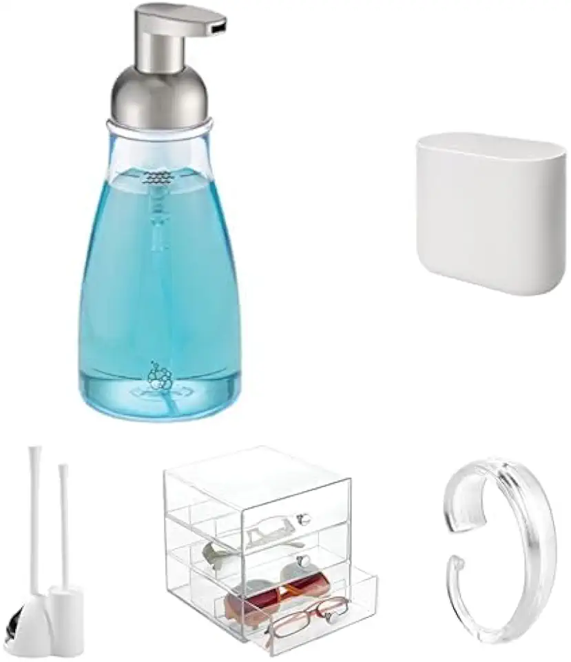 iDesign Bathroom & Kitchen Accessories Bundle with Foaming Soap Dispenser, Waste Basket, Shower Curtain Hooks, Vanity Organizer & Toilet Plunger