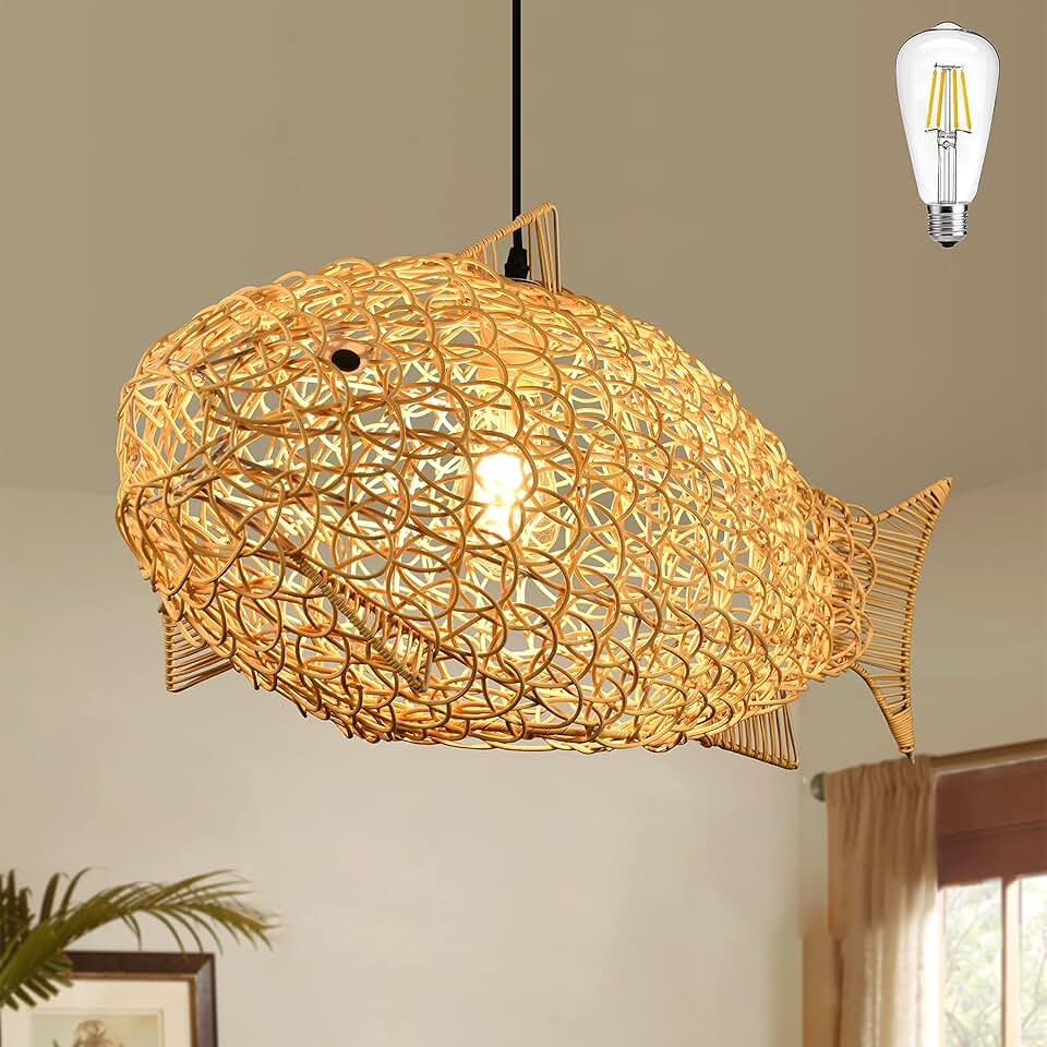 24 inch Fish-Shaped Rattan Woven Pendant Light Boho Chandelier Rustic ...