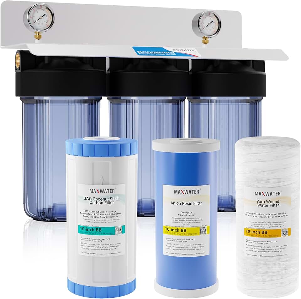 Max Water 3 Stage (Sediment, Tannin/Nitrate, Odor & Improving Taste) Whole House (10 inch x 4.5 inch), Water Filtration System with Double O Ring Housing - Sediment + Anion + GAC - 1