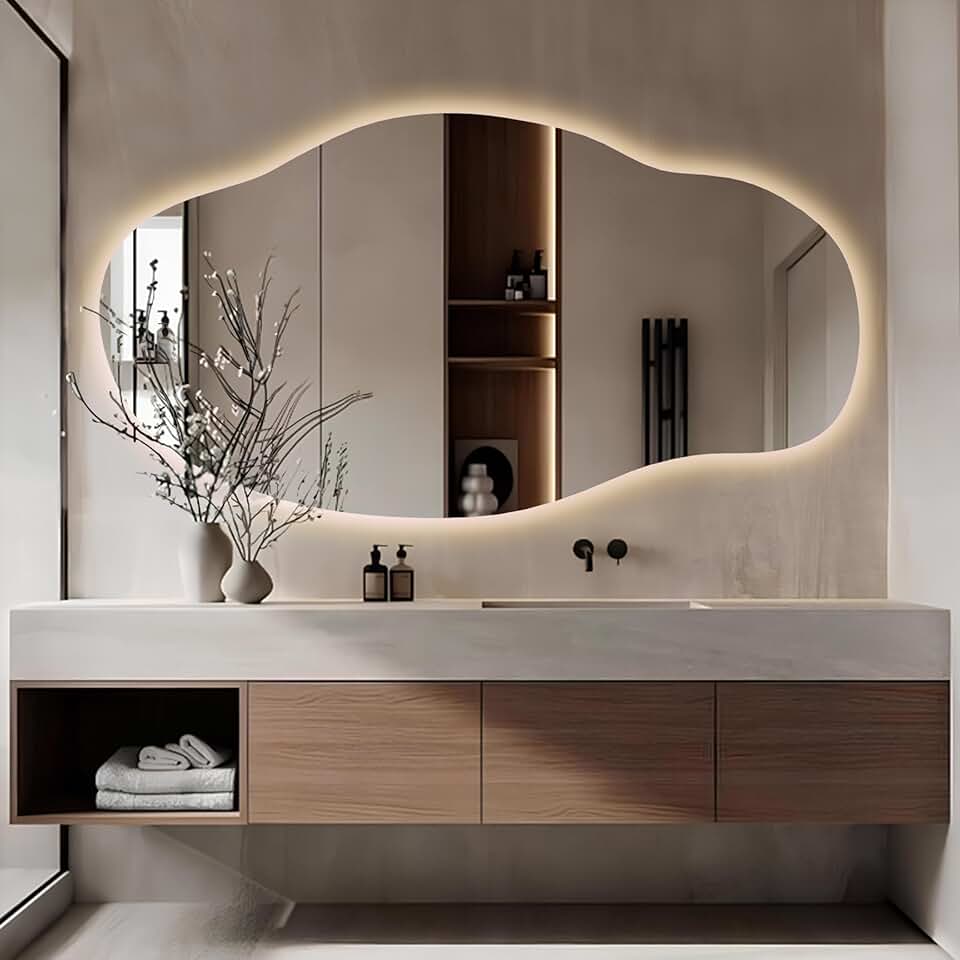 LED Wall Mirror - Asymmetrical Light Up Mirror - Frameless Irregular Vanity Wavy Mirror with Light for Bathroom Bedroom Living Room (Warm Light, 23.2