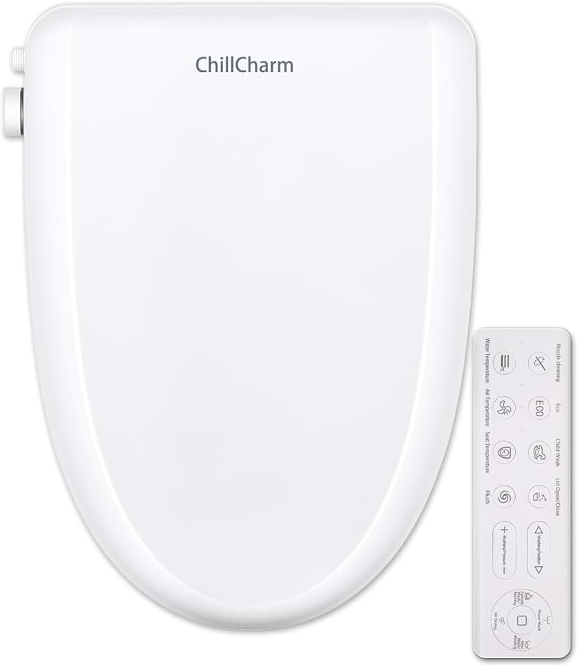 ChillCharm Electric Bidet Smart Toilet Seat Auto Open and Close Lid, Elongated Heated Toilet Seat, Adjustable Warm Water and Air Dryer,Oscillating and Pulsating Spray Wash LED Nightlight,White