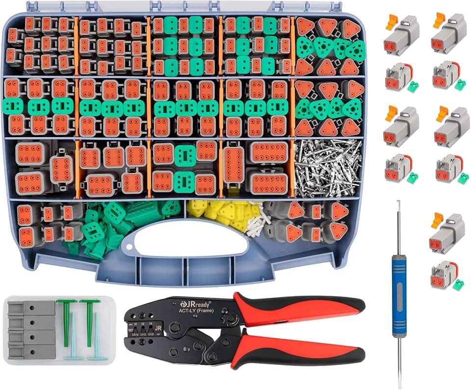 JRready 801Pcs Deutsch Connector Kit - 2 3 4 6 8 12 Pin Connector IP68 Waterproof, Size 16 Stamped Contacts 14-18AWG with Deutsch Crimp Tool, Deutsch Connector Tool 64 Kit