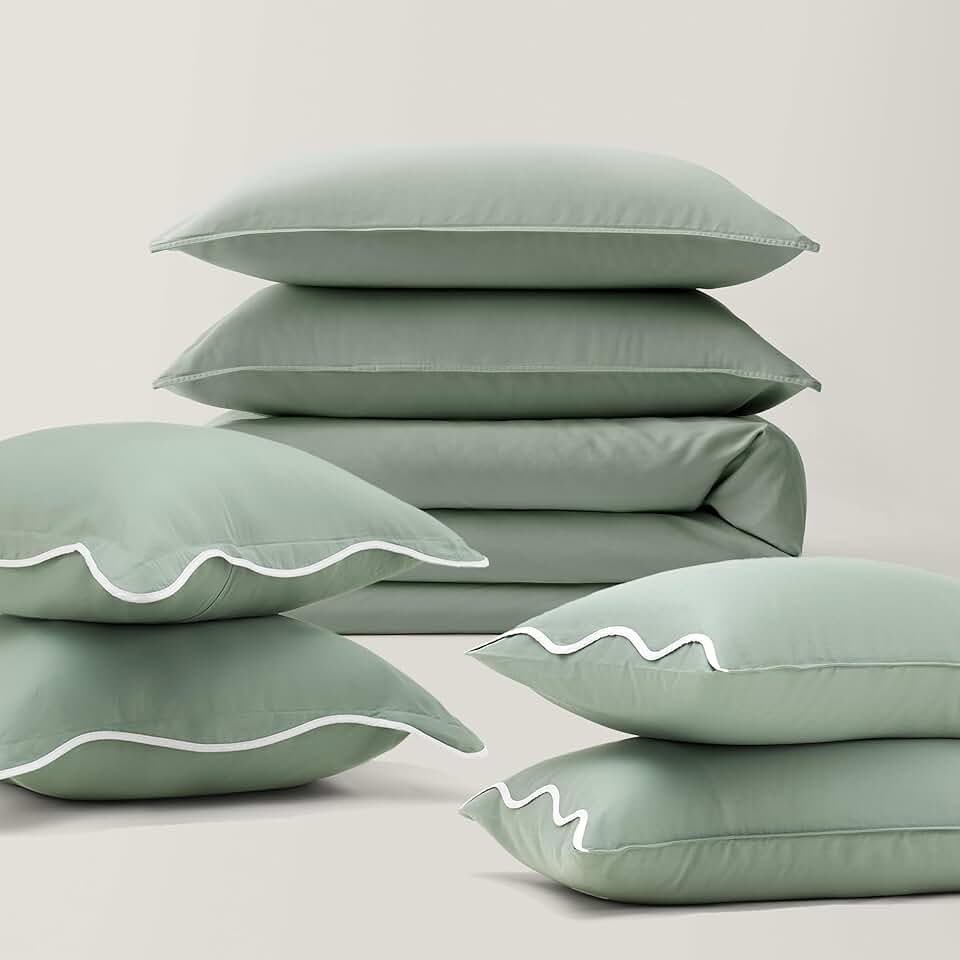 Double StitchCotton Tencel Duvet Cover Set and Scalloped Cotton Tencel Pillowcases and Scalloped Cotton Tencel Euro Shams, King,1 Duvet Cover, 106