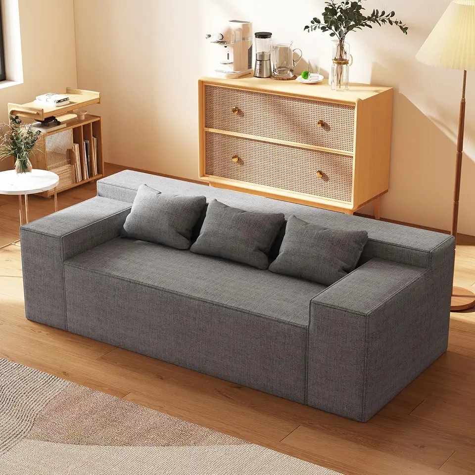 Modern 3-Seater Sofa, Hybrid Sofa in a Box, No Assembly Required, Comfy Sofa Couch with 3 Matching Pillows, Cat-Scratch Resistant Linen, Couch for Living Room or Bedroom, Grey