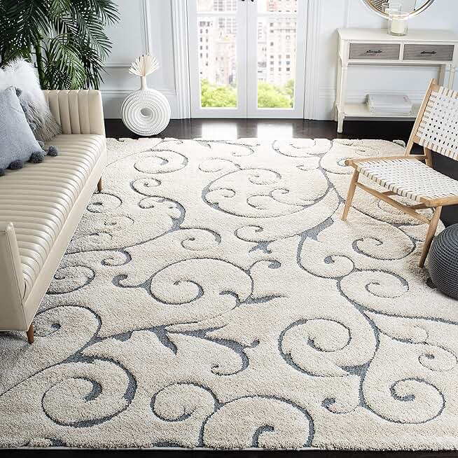SAFAVIEH Florida Shag Collection 9' Square Beige/Blue Grey SG455 Scrolling Vine Graceful Swirl Textured Non-Shedding Living Room Bedroom Dining Room Entryway Plush 1.2-inch Thick Area Rug