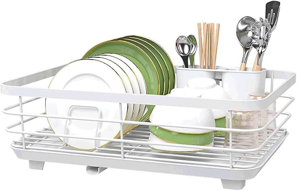 Dish Rack Kitchen Counter Dish Organizer Rack with Drainboard and Utensil Holders Set