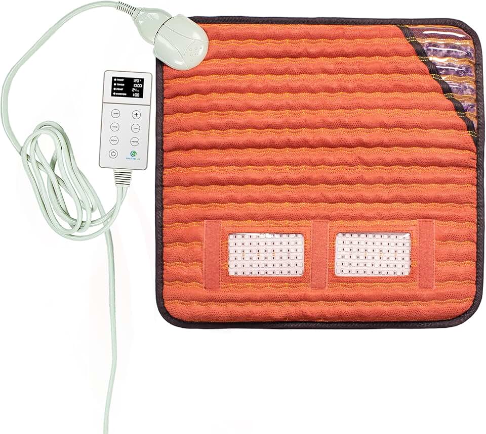 HealthyLine Small Far Infrared Electric Heating Pad for Pain Relief, Light & Heat Therapy with Amethyst & Obsidian Gemstones, Calming Negative Ions, Auto Shut Off, TAO Matrix Inframat Pro 18