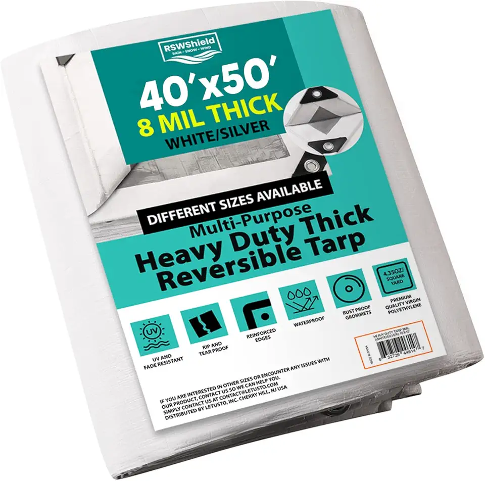 [40'X50'] RSW Heavy Duty Waterproof 8 Mil. Reversible (White/Silver) Tarp Cover, UV Resistant, Rip and Tear Proof Tarpaulin with Reinforced Edges - for Roof, Camping, Patio, Pool Cover, Boat