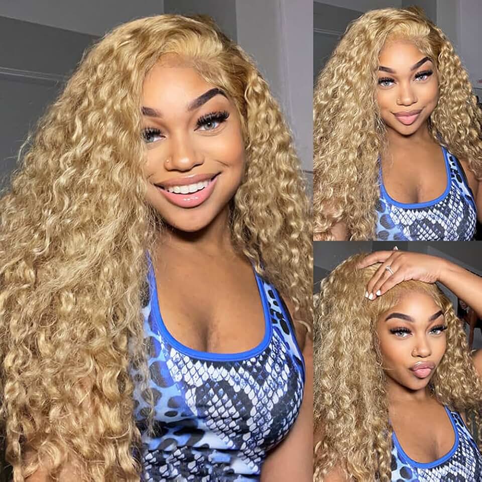 Honey Blonde Curly Lace Front Wig Human Hair 13x4 HD Lace human Hair Wig for Women #27 Colored Wig with Baby Hair 150% Density Pre Plucked with Natural Hairline Blonde Deep Wave Human Hair Wig 28inch