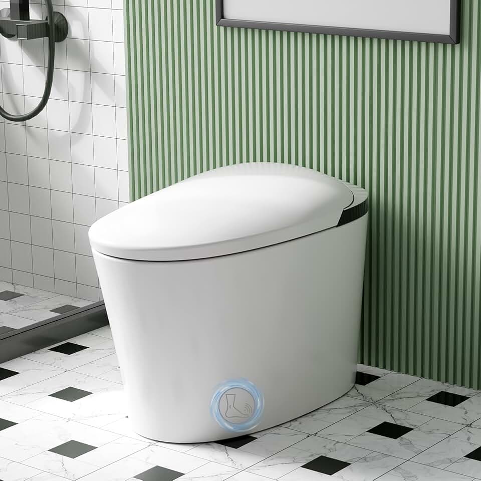 Smart Toilet, Auto Flush Smart Toilet, Modern Toilet for Bathroom, Elongated Smart Tankless Toilet with Heated Seat, Foot Sensor Operation, Automatic Flush, LED lights, White