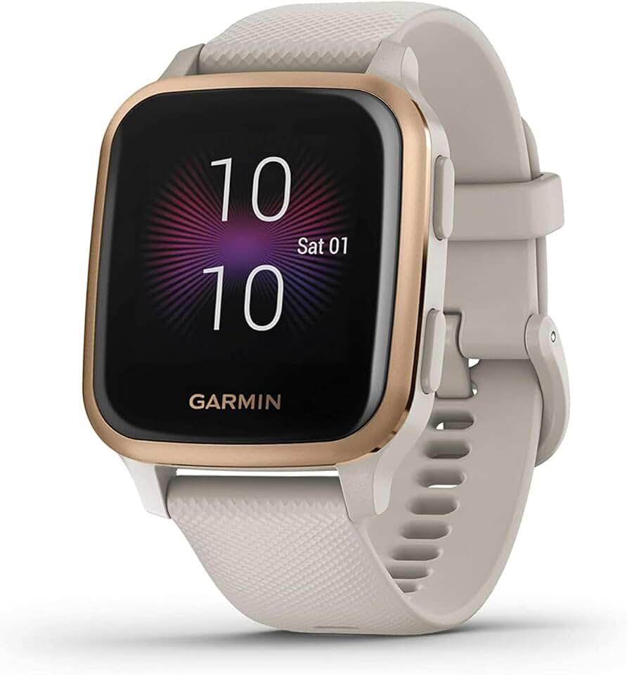 Garmin Venu Sq Music, GPS Smartwatch with Bright Touchscreen Display, Features Music and Up to 6 Days of Battery Life, Rose Gold with Tan Band